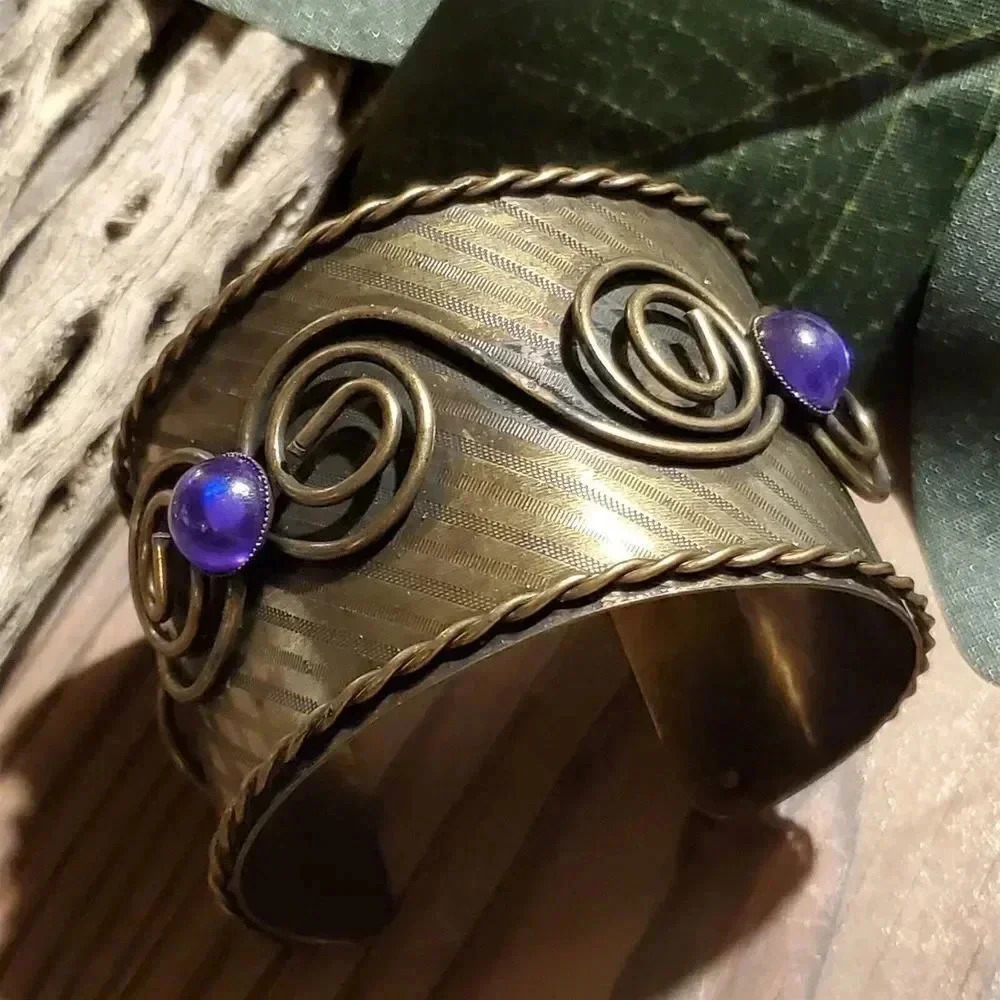 Antique Bronze Etched Lines Twisted Wire Purple Glass Cabochons Cuff Bracelet